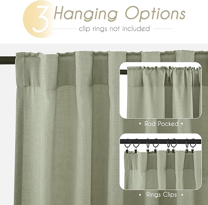 Linen Blend Sage Green Curtains 108 inch Length 2 Panels for Bedroom Back Tab Light Filtering Semi Sheer Drapes Linen Cotton Textured Light Green Airy Modern Farmhouse Living Room Sage Aesthetic Decor