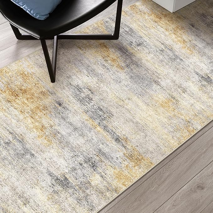 2x4 Washable Entryway Runner Rug: Abstract Small Area Rug Soft Non Slip Door Mat for Hallway Low Pile Thin Stain Resistant Floor Carpet for Kitchen Bedroom Bathroom Bedside Indoor(2x4,Grey/Yellow)