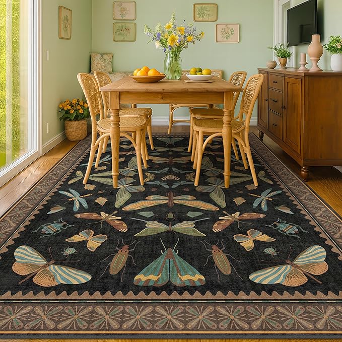 Hazo Haus Living Room Rug Black Boho 6x9 - Dining Room Rugs for Under Table, Bedroom, Insect Bug Eclectic Home Décor, Washable Non Slip Foldable