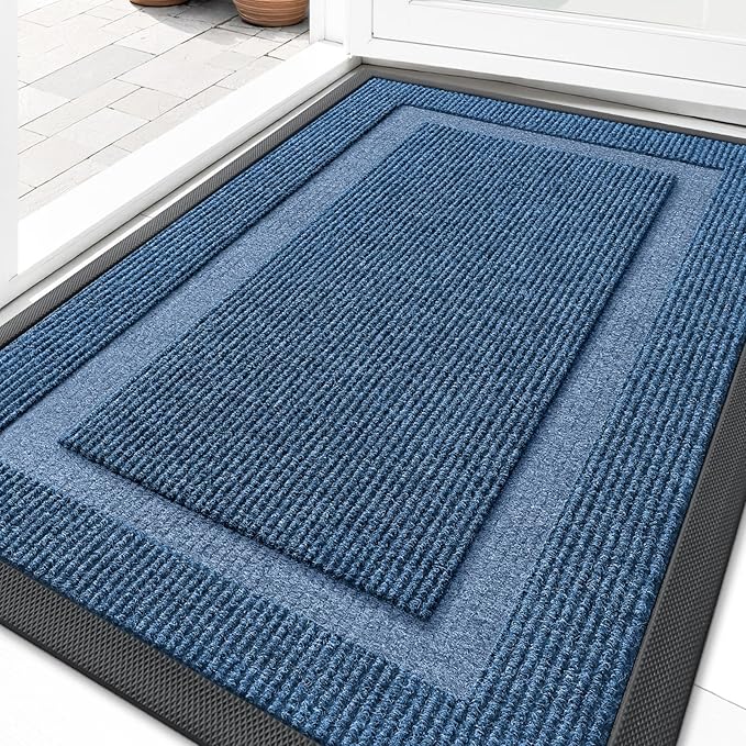 OLANLY Front Door Mat Indoor Outdoor Entrance, Waterproof All-Season, All-Weather Doormat, Sturdy Natural Rubber, Fade Resistant, Low Profile, Easy Clean Patio Porch Entryway Mat, 33x21, Light Blue