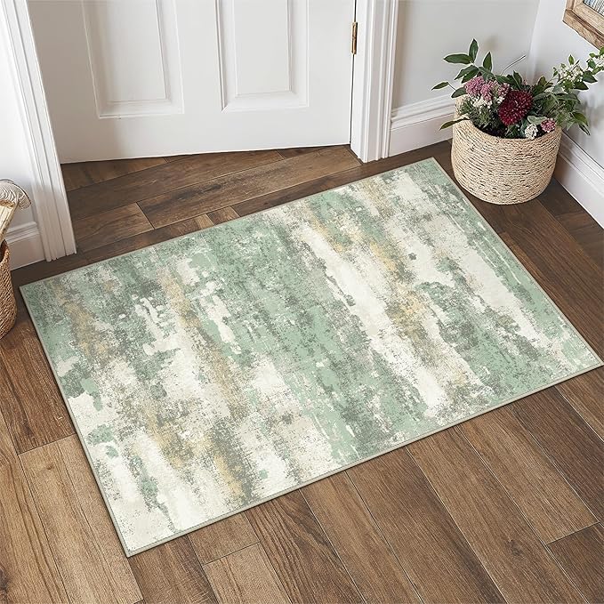 BEIMO 1'5''x2'5'' Rugs for Entryway Entrance Kitchen Bathroom, Machine Washable Modern Abstract Rug, Small Soft Low Pile Indoor Floor Mat with Non Slip Backing, Light Green