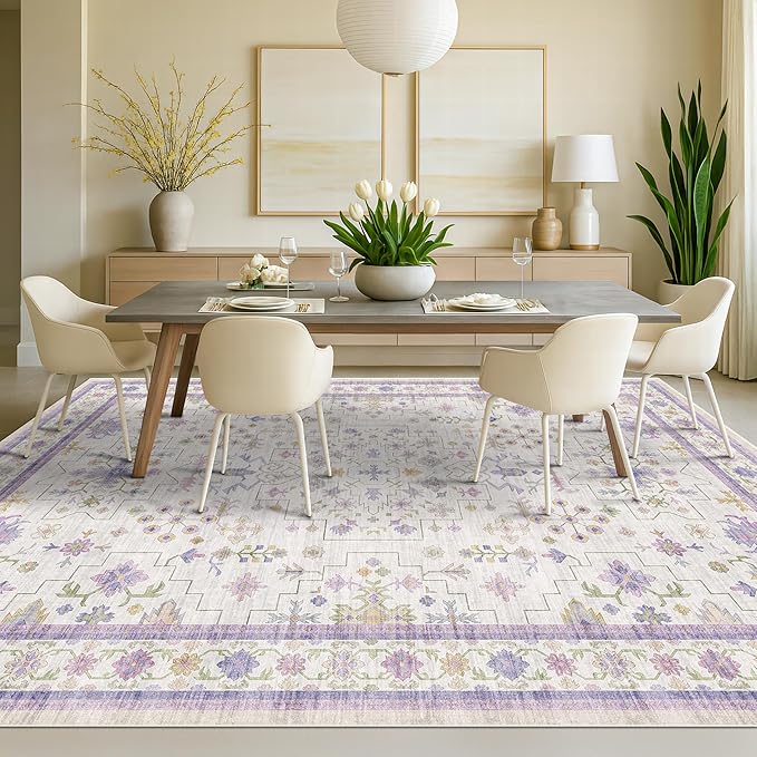 5x7 Light Purple Area Rug for Girls Bedroom, Living Room, Nursery, Non Slip Washable Area Rugs, Lavender and Cream with Green Accent, Low Pile Foldable Carpet