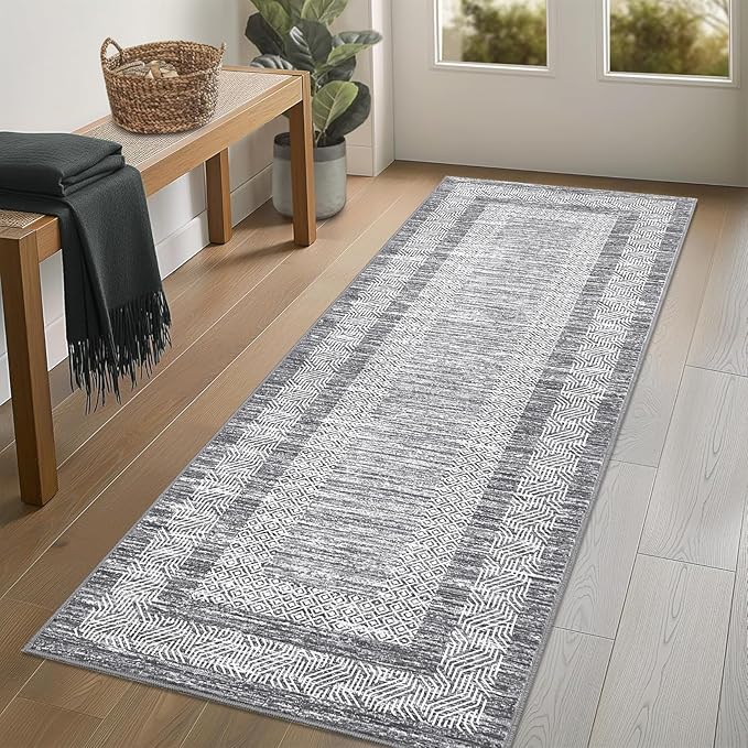 Washable 2.5x10 Kitchen Runner Rug, Easy Clean Geometri Rugs for Hallway Entryway, Indoor Outdoor Non Slip Rug Farmhouse Morden Carpet Door Mat Area Rug for Laundry Room Grey