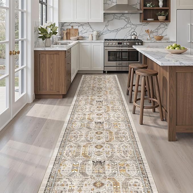 Madane Hallway Runner Rug 2x12, Extra Long Washable Runner Rugs with Rubber Backing, Non Slip Carpet Runner, Vintage Rug Runners for Kitchen Laundry Room Entryway (Brown/Gold, 2'x12')
