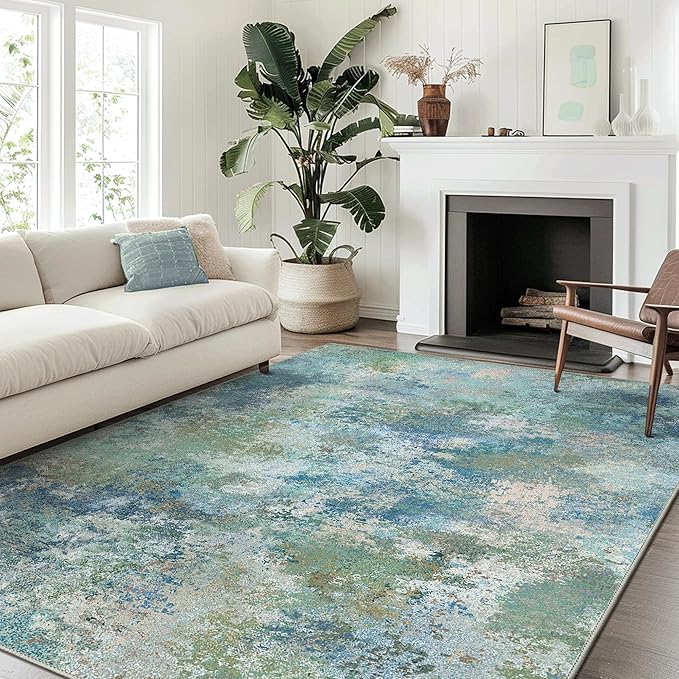 Area Rugs 6x9 for Living Room Bedroom, Modern Abstract Machine Washable Rug, Large Soft Low Pile Floor Carpet with Non Slip Backing for Dining Room, Blue Green