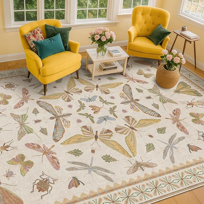 Hazo Haus Beige Dining Table Rug - 6x9 Area Rugs for Bedroom, Living Room, Cute Kids Room, Large Fun Insect Butterfly Vintage Non-Slip Décor, Low Pile Stain Resistant