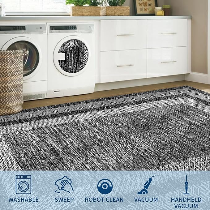 GarveeHome Washable Rug 5x7 Modern Bordered Rug with Non Slip Rubber Backing, Low Pile Thin Carpet, Soft Non Shedding Floor Covering, Foldable Printed Carpet for Living Room Bedroom, Black