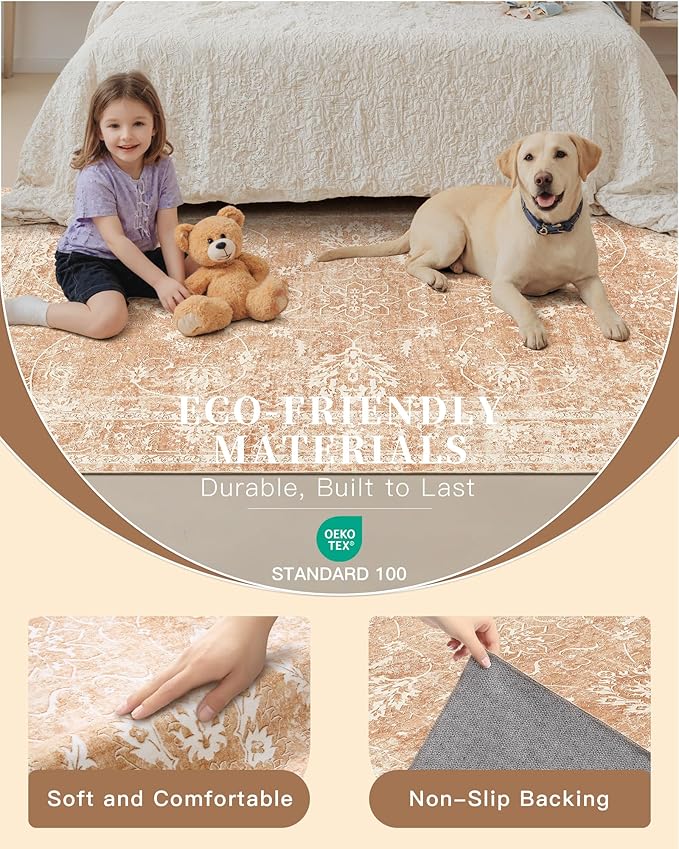 Madane Washable 6x9 Area Rugs for Living Room, Vintage Rug with Non-Slip Backing, Soft Stain Resistant Throw Rugs Thin Carpet for Bedroom Dining Room Farmhouse (6 x 9, Jasper Orange)
