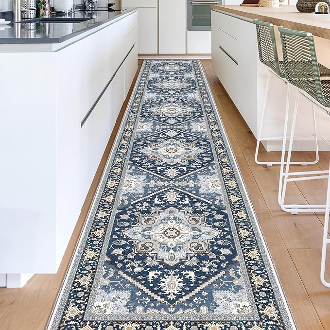 OPPODREAM Soft Entryway Rug 2x12, 2x12 Rug Runner, Washable Hallways Carpet 2 x 12 with Non Slip Backing, Low-Pile Bedside Carpet 2 x 12, Long, Faux Cashmere, Navy Blue & Gold