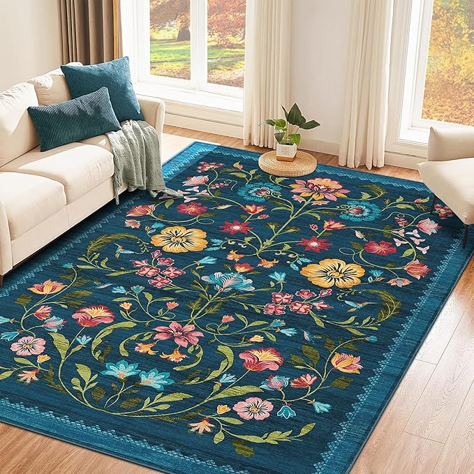 GarveeHome Washable Rug 4x6 Area Rugs for Living Room, Floral Rug for Bedroom, Soft Boho Non Slip Throw Rugs with Rubber Back, Low Pile Stain Resistant Vintage Floral Carpet for Dining Room, Blue