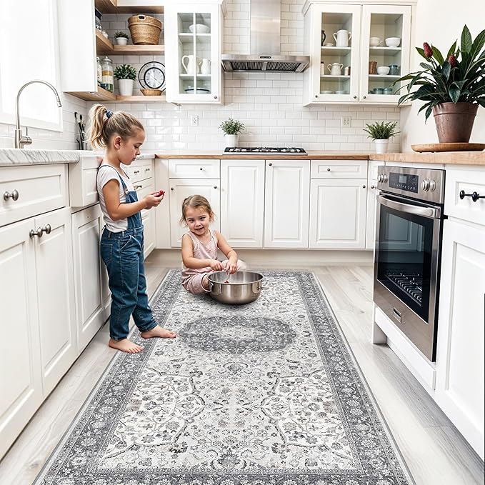 Hallway 4x8 Washable Runner Rug: Oriental Stain Resistant Entryway Kitchen Rug Farmhouse Soft Carpet for Bathroom Bedroom Thin Laundry Room Floor Mat with Non Slip Backing for Pets Family(4x8,Grey)