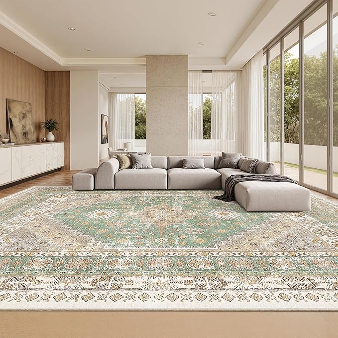 zesthome 10x14 Area Rugs,Stain Resistant Washable Rug,Ultra-Thin Rugs for Living Room,Bedroom,Non-Slip Backing Home Decor Large Area Rug (Green/Brown,10'x14')