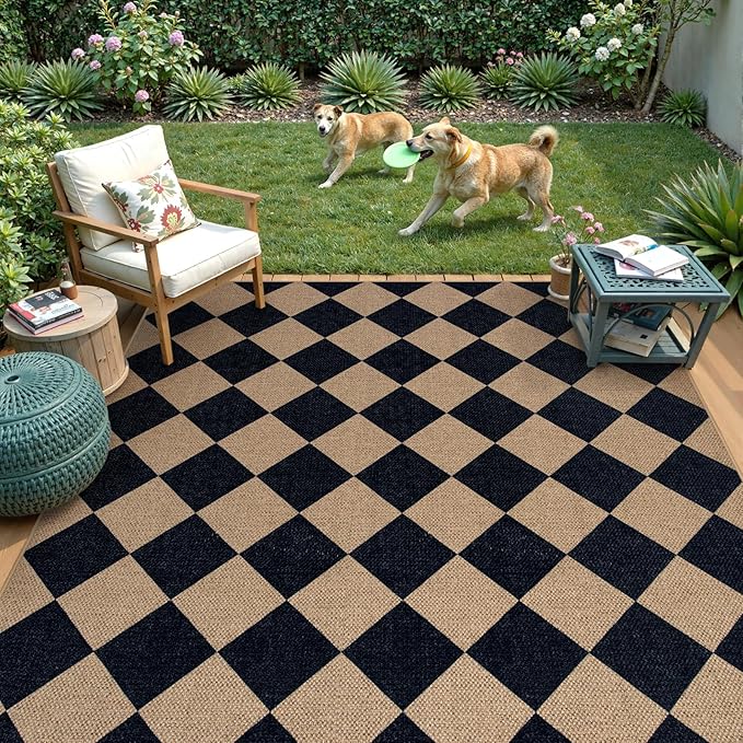 Lahome Colette Checkered Easy Jute Outdoor Rug, 5x7 Area Rugs for Living Room Nature Large Dining Room Carpet, Farmhouse Outdoor Patio Non Slip Diamond Carpet for Home Office Bedroom Backyard Deck