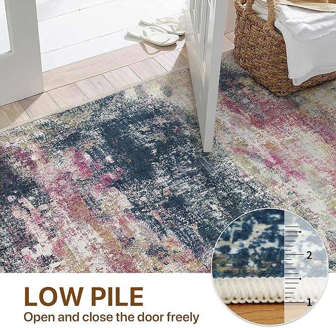 Area Rugs 8x10 for Living Room Bedroom, Modern Abstract Machine Washable Rug, Large Soft Low Pile Floor Carpet with Non Slip Backing for Dining Room, Navy/Pink