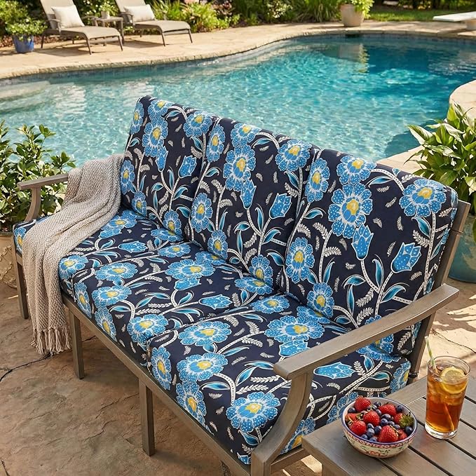 hyha Printed Couch Cushion Covers, Floral Sofa Covers Washable for 3 Cushion Couch, Stretch Pattern Outdoor Cushion Covers for Patio Furniture with Elastic Bottom(3 Packs, Bluebell)