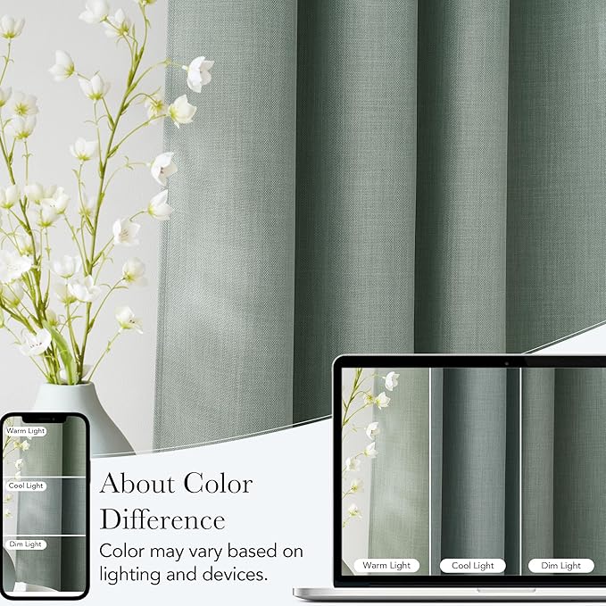 NICETOWN Sage Green Faux Linen Room Darkening Rod Pocket Curtains 63 inch Length, W42 x L63, Light Blocking Thermal Insulated Noise Reducing Drapes for Bedroom Living Room Farmhouse Decor, 2 Panels