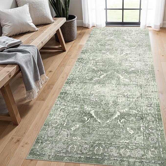 4x8 Washable Hallway Runner Rug - Wide Kitchen Runners Vintage Low Pile Carpet Soft Thin Floor Runner with Rubber Backing for Entryway Bedroom Living Room Home Decor (Muted Sage Green)