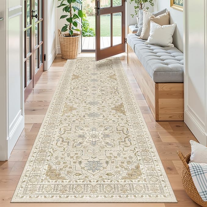 Madane Runner Rug 2'6''x8' Kitchen Runners, Printed Vintage Washable Hallway Rugs Soft Non-Slip Low Pile 2.5x8 ft Runners for Hallways Laundry Room Rug, Beige/Blue