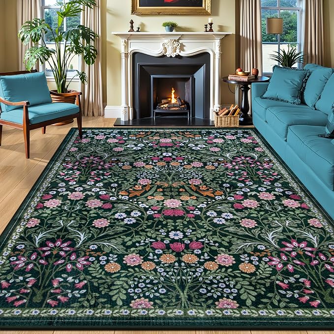 10x12 Area Rugs for Living Room: Floral Washable Rug Vintage Large Soft Boho Non-Slip Carpet Stain Resistant Low Pile Carpets for Bedroom Dining Room Farmhouse Nursery Hallway Home Office Dark Green