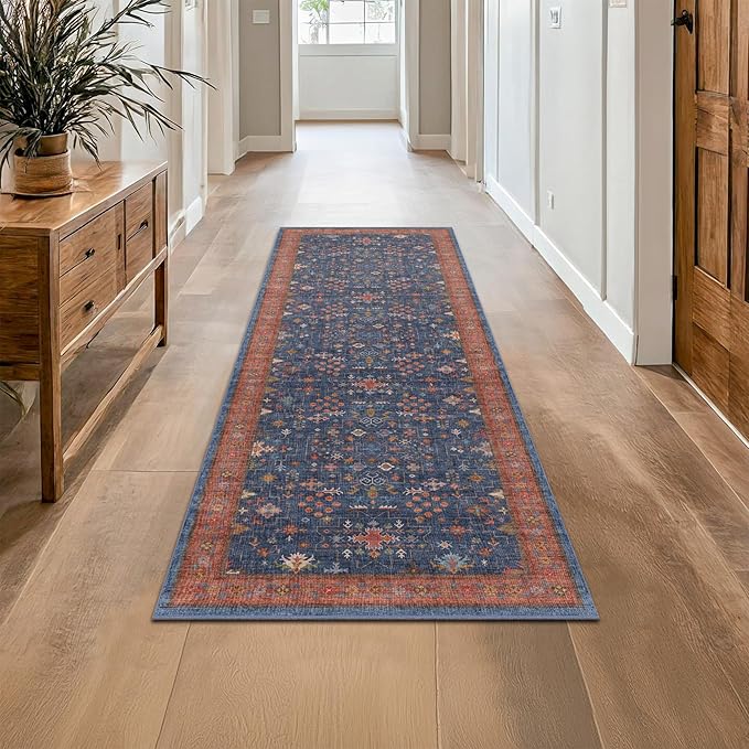 Hazo Haus Navy Blue Runner Rug 2x7 for Kitchen, Hallway, Mudroom, Laundry Room, Bathroom, Washable Non Slip Non Skid Rubber Backing Low Pile Stain Resistance