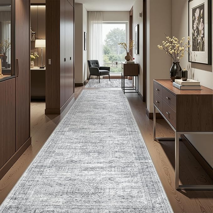 Washable Runner Rug 2.5x12, Non-Slip Long Bathroom Rugs Runner for Kitchen, Living Room, Bedroom, Soft Vintage Rug for Entryway, Thin Floor Mat for Dining Room(2.5'x12', Grey/Ivory)