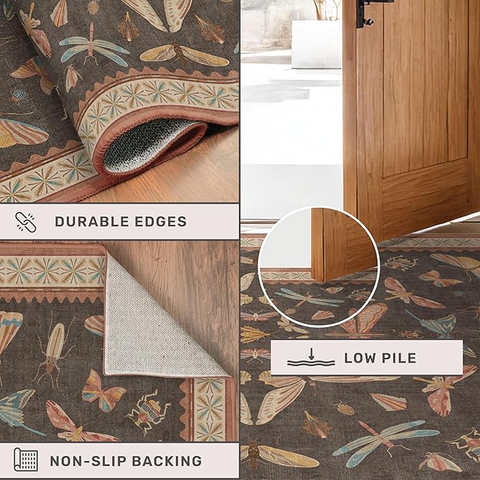 Hazo Haus 2'6"x8' 8ft Long Hallway Runner Rug, Stain Resistant Non-Slip Kitchen Floor Mats, Boho Front Door Rug Indoor Entrance, Whimsical Insect Moth Décor, Low Pile & Soft (Orange and Brown)