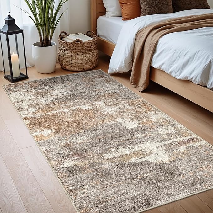 2x4 Washable Entryway Runner Rug: Abstract Small Area Rug Soft Non Slip Door Mat for Hallway Low Pile Thin Stain Resistant Floor Carpet for Kitchen Bedroom Bathroom Bedside Indoor(2x4,Brown/Brick)