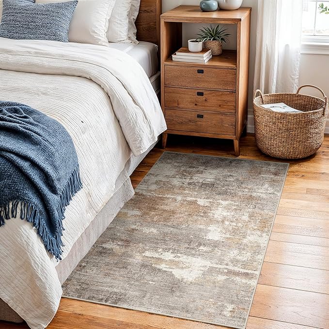 2x3 Washable Entryway Area Rug: Modern Abstract Small Runner Rug for Hallway Soft Non Slip Door Mat with Rubber Backing Low Pile Thin Floor Carpet for Kitchen Bathroom Bedroom Indoor(Brown/Brick,2x3)