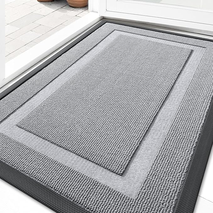 OLANLY Front Door Mat Indoor Outdoor Entrance, Waterproof All-Season, All-Weather Doormat, Sturdy Natural Rubber, Low Profile, Easy Clean Patio Porch Entryway Mat, 33x21, Silver Gray