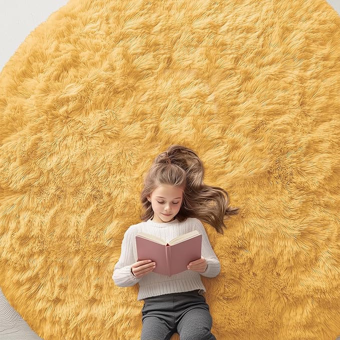 OLANLY Mustard Yellow Round Rugs for Bedroom - Machine Washable, 8 ft Circle Area Rugs for Living Room, Soft and Fluffy Shaggy Carpet for Teen Girl and Boys, Nursery Rooms, Dorms, Home Decor Aesthetic