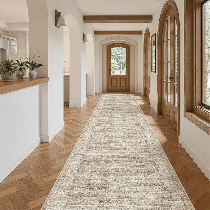 Runner Rug 2'6" x 14' Washable Non-Slip Runner Rugs for Kitchen Bathroom Laundry Room Vintage Ultra Thin Runners for Hallway Entryway Brown