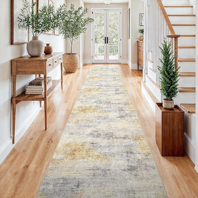 3x15 Washable Kitchen Runner Rug: Modern Abstract Runners for Hallway Soft Non Slip Rugs with Rubber Backing Low Pile Thin Waterproof Floor Carpet for Entryway Bedroom Bathroom Indoor 3x15 Grey/Yellow
