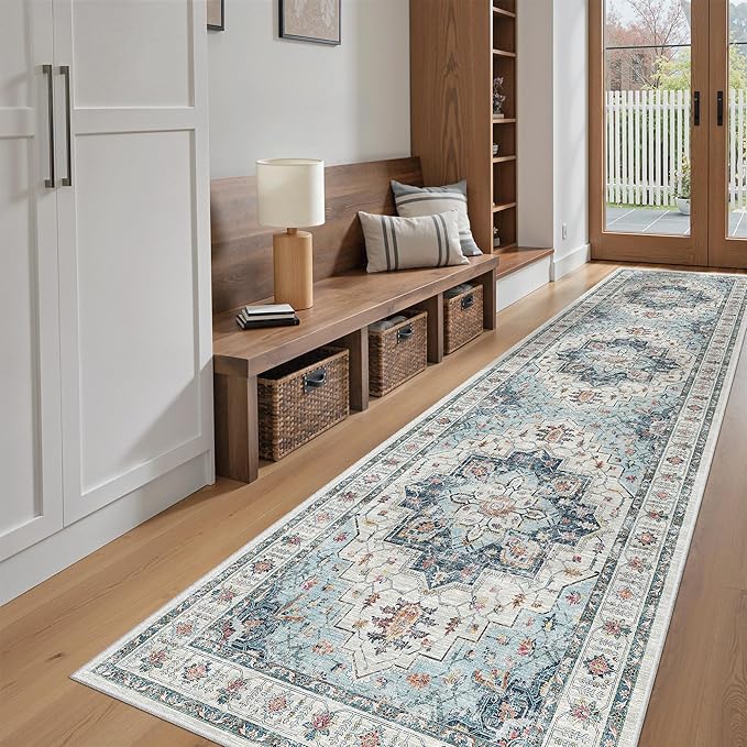Madane Hallway Runner Rug 2'6''x10' Kitchen Runner, Non Slip Vintage Runners for Hallways Washable Kitchen Rugs Soft Low Pile 2.5x10 ft Rug Runner for Laundry Room, Entryway and Bedroom, Blue