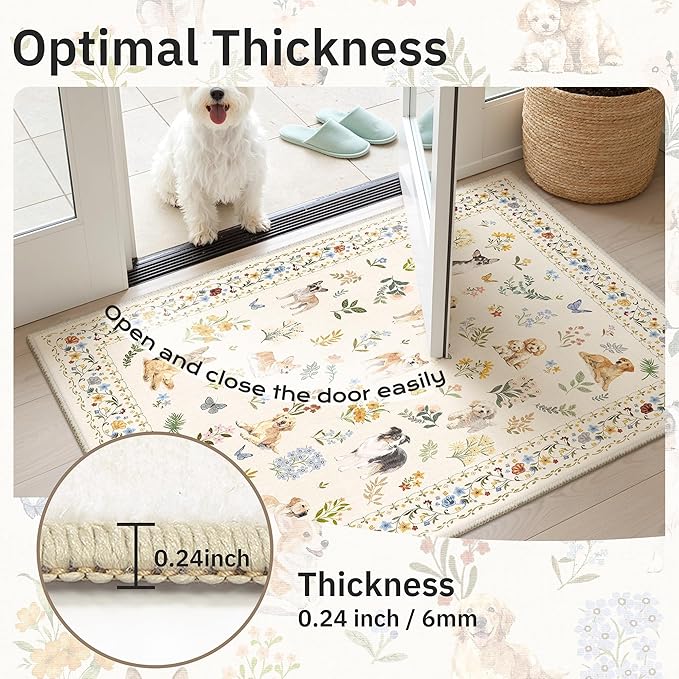 2x3 Dog Rugs for Entryway, Machine Washable Door Mat Animal Floral Small Area Rug Non-Slip Low Pile Soft Throw Rugs for Entrance Kitchen Indoor Front Door Kids Room (2 x 3,Beige)