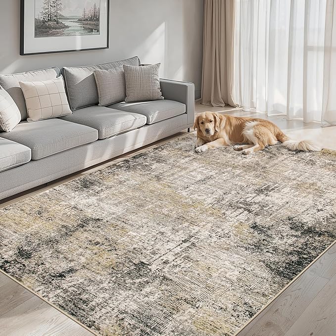 6x9 Area Rugs for Living Room - Washable Rug Modern Abstract Soft Large Neutral Non-Slip Carpet Indoor Floor Thin Carpets for Bedroom Dining Room Farmhouse Nursery Home Office Brown Black Grey