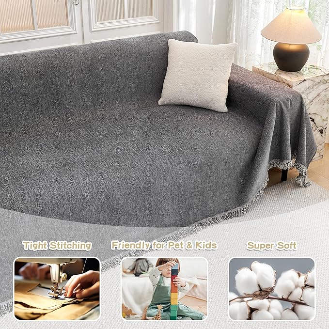 MYSKY HOME Couch Cover for Dogs Washable, Couch Covers Couch Covers for Dogs Couch Cover 2 Cushion Sofa Non Slip Dog Furniture Protector with Tassels Chenille Sofa Covers for Pets, 71"x102", Dark Grey