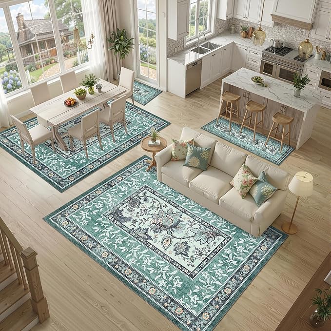 GarveeHome Teal Washable 5x7 Area Rugs, Botanical Grove Vintage Cottage core Non-Slip Rug for Bedroom Living Room Nursery Kitchen Low-Pile Retro Carpet