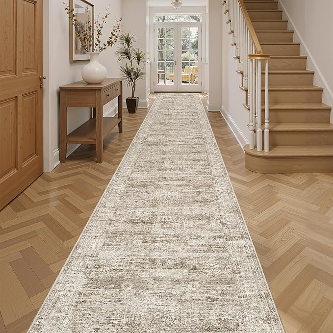 Runner Rug 2'6" x 16' Washable Non-Slip 2.5x16 ft Long Runner Rugs for Kitchen Bathroom Laundry Room Vintage Ultra Thin Runners for Hallway Entryway Brown