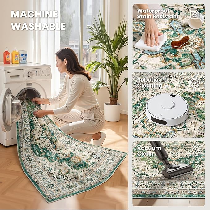 zesthome 6x9 Area Rugs, Machine Washable Rugs for Living Room, Bedroom,Stain Resistant Vintage Large Area Rug,Non-Slip Medallion Pattern Home Decor Rugs (Green,6'x9')
