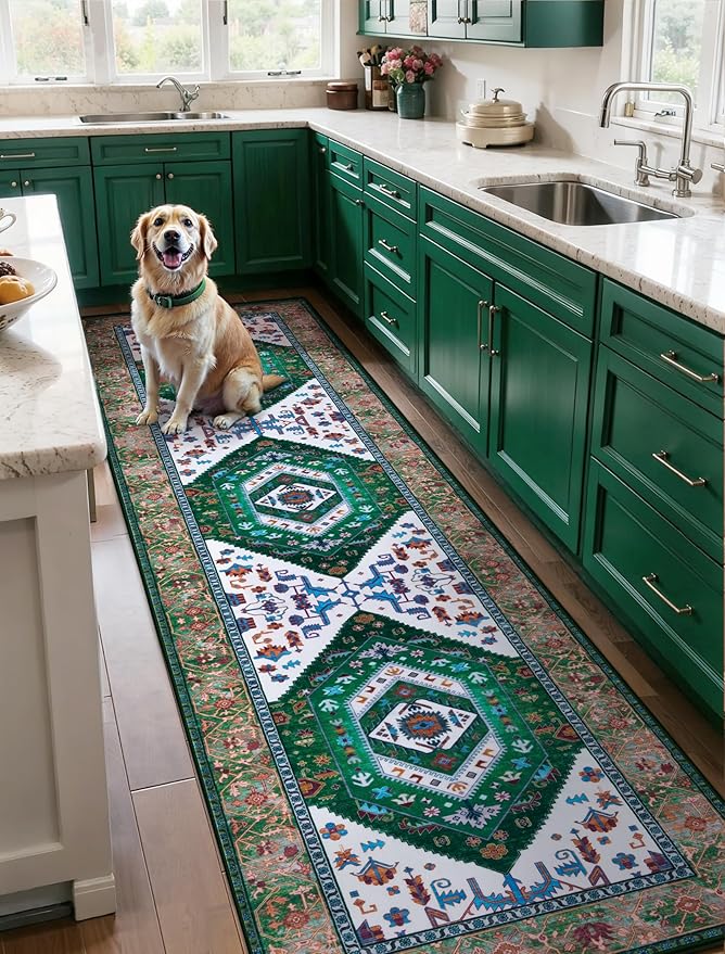SERISSA Runner Rug for Hallways, 2'6"x10' Washable Non Slip Kitchen Runner Rug, Long Boho Rug Vintage Green White Hallway Stair Ultra Soft Print Floor Carpet for Bedroom Bathroom Laundry Room