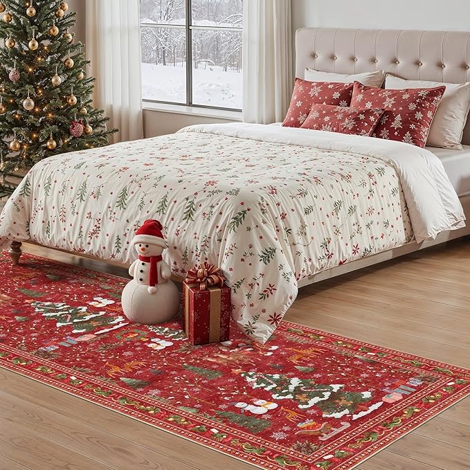 UERMEI Christmas Runner Rug for Hallway: 3x8 Neutral Modern Festive Low Pile Soft Thin Indoor Carpet for Bedroom Kitchen Mat Kids Room Holiday Decor - Red