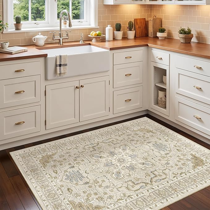Madane Washable Entry Rug 3x4, Area Rugs for Entryway Kitchen Bathroom Door Mat Indoor Entrance, Vintage Floral Print Office Runner with Non Slip Rubber Backing, Beige/Blue