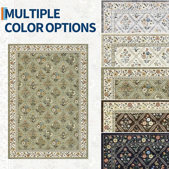 Large Entryway Rug 3x5 Floral Washable Area Rugs Vintage Soft Non-Slip Small Floor Carpet Doormat Stain Resistant Low-Pile Ultra-Thin Entry Mat for Bedside Kitchen Green