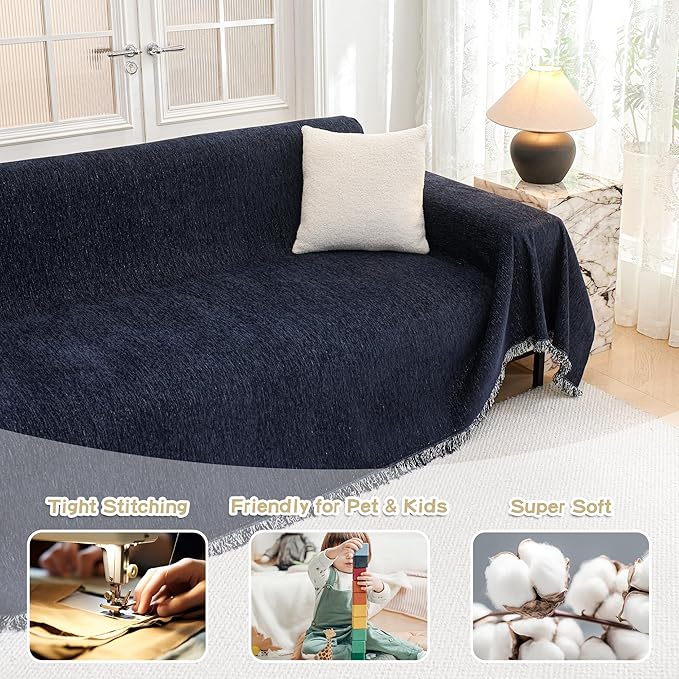 MYSKY HOME Couch Covers - Sectional Couch Covers for Pet Sofa, Non Slip Soft Couch Cover, Washable Furniture Protector with Tassel Sofa Throws, Living Room, 91"x118", Navy Blue