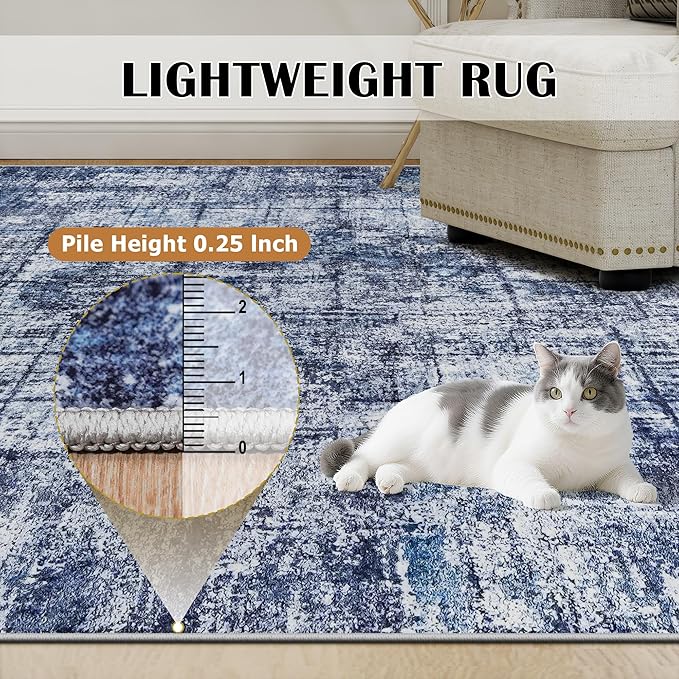 8x10 Area Rugs for Living Room Washable Rug: Anti-Skid Abstract Modern Living Room Rug Soft Thin Carpets Indoor Floor Non-Shedding Carpet for Bedroom Dining Farmhouse Nursery Navy Light Gray