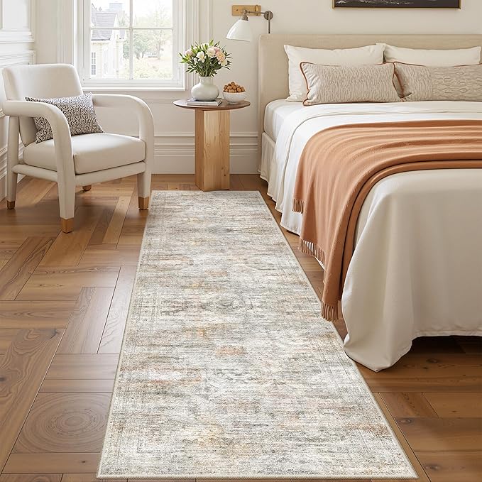 Rug Runners for Hallways Non Slip - 2x8 Runner Rug for Bedroom, Washable Runner with Rubber Backing, Soft Low-Pile Carpet for Kitchen, Laundry, Bathroom (2'x8', Grey/Rust)