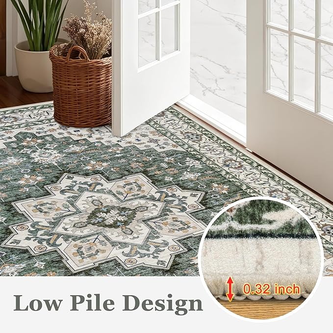 4x6 Area Rugs for Living Room: Washable Rug Soft Vintage Boho Medallion Carpet Indoor Non-Slip Stain Resistant Large Carpets for Bedroom Dining Room Farmhouse Nursery Home Office Green Ivory