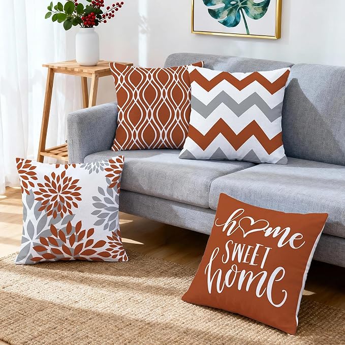 Hexagram Geometric Burnt Orange Pillow Covers 18x18 Set of 4, Decorative Outdoor Boho Modern Throw Pillow Covers, Home Sweet Home Farmhouse Cushion Case for Couch Sofa Bedroom Indoor Decor(No Insert)