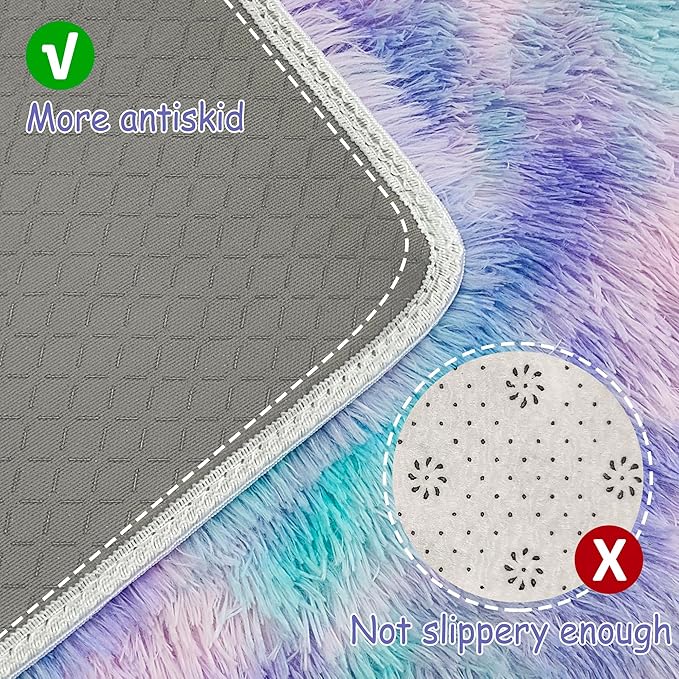Super Soft Fluffy Living Room Area Rug 2x8 ft Purple Rainbow Tie-Dyed Shaggy Furry Carpet Washable Non-Slip Carpets Bedroom Bedside Nursery Rug Cute Colorful Room Decor for Girls