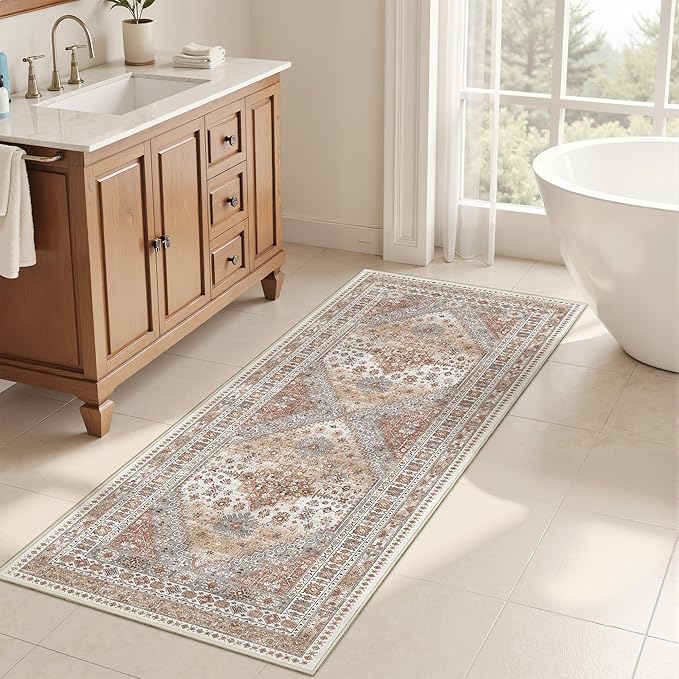 2x5 Rug Runner Washable for Entryway, Soft Bathroom Rugs with Non-Slip Backing,Vintage Low Pile Stair Runner, Small Kitchen Carpet for Hallways, Laundry Room(Orange,2'x5')